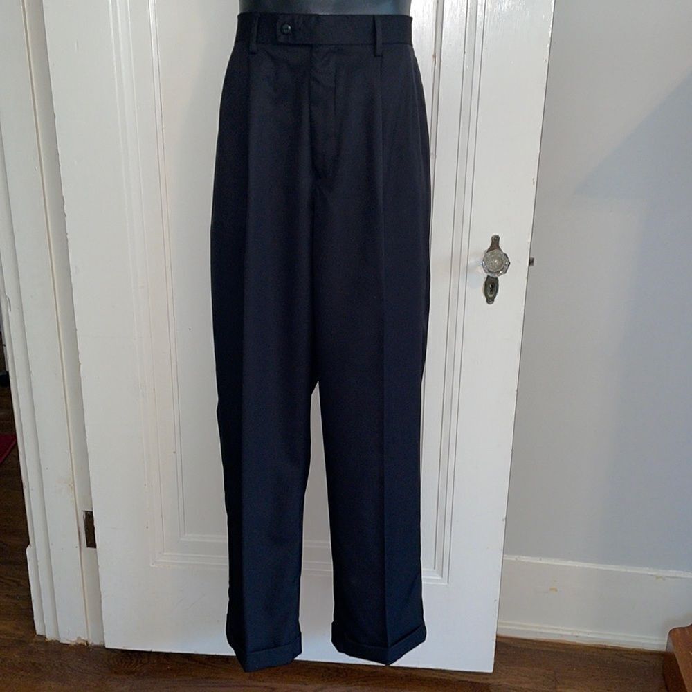Alan Flusser Golf black‎ polyester pleat front cuff hem pants
